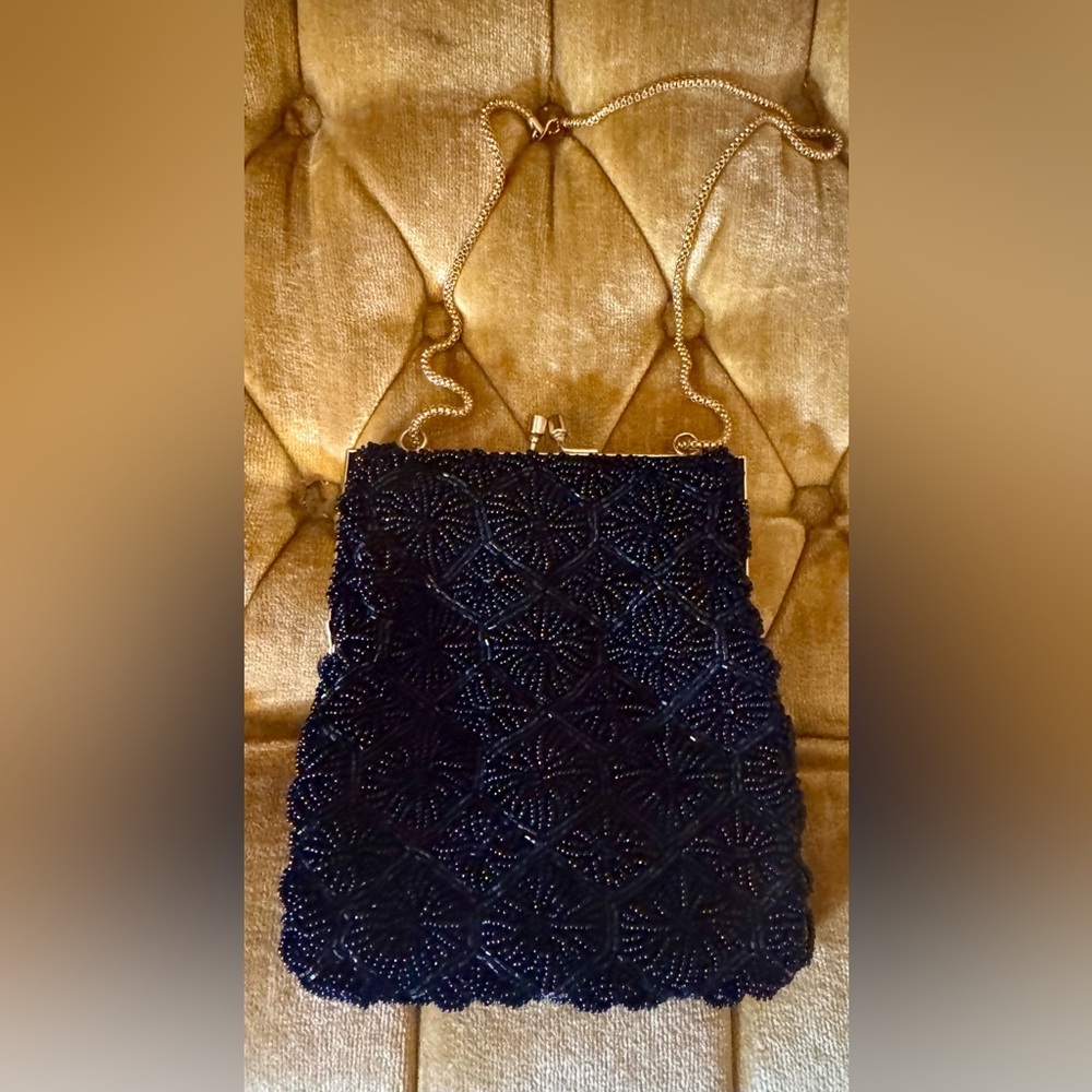 Handmade Vintage Black Beaded Purse Satin Lined Clasp Closure Gold Trim Chain